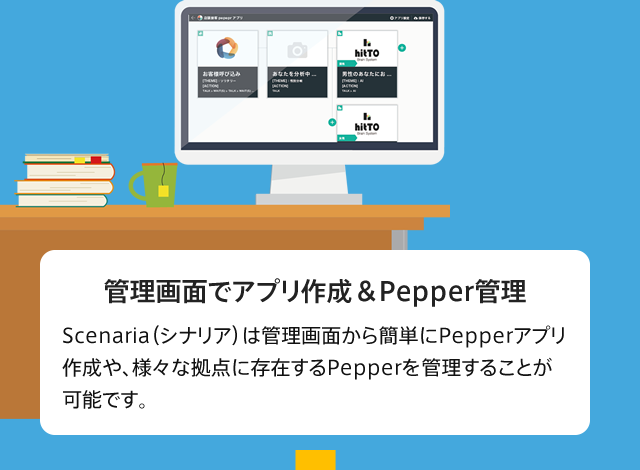 管理画面でアプリ作成＆Pepper管理
Scenaria（シナリア）は管理画面から簡単にPepperアプリ作成や、様々な拠点に存在するPepperを管理することが可能です。